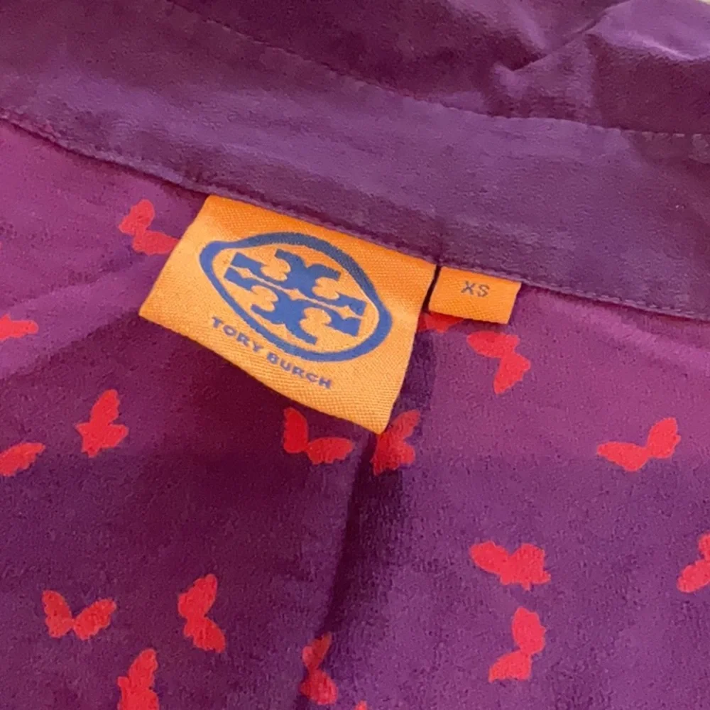 Tory Burch silk button down top, purple/orange, size XS